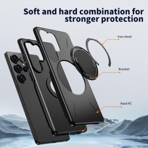 Galaxy S25 Ultra Için Kılıf Mag-Forge 360° Döndürülebilir Yüzük Stantlı  S25 Ultra Koruyucu Pc+Tpu Hibrit Tasarımlı Güçlü Manyetikli  S25 Ultra Kılıf (Siyah)