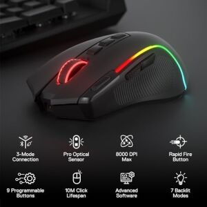 Redragon M612 Pro Rgb Oyun Faresi, 8000 Dpı Kablolu/kablosuz Optik Oyuncu Faresi, 9 Programlanabilir Tuş ve Arka Plan Aydınlatması, Bt & 2.4g, Yazılım Destekli, Fire Button