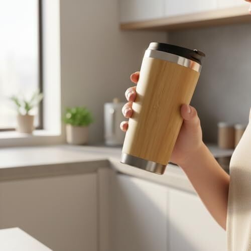 450 ml Bambu Kaplama Tabanlı Çelik Termos - Sıcak ve Soğuk Tutucu Gümüş Renkli Seyahat Bardağı (Mug)