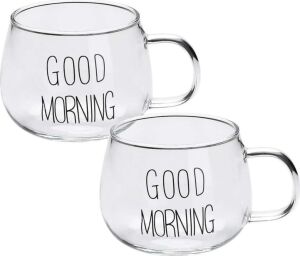 Good Morning Kupa Seti, 2'li Şeffaf, Borosilkat Cam, 350ML
