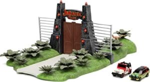 Jada Toys Jurassic World Nano Scene (17 x 18 Cm) - Jurassic Park Gate ile Oyun Arka Planı, 2 Metal Araba (Jeep Wrangler ve Ford Explorer) ve Dinozor Dekorasyonu, 6 Yaşından Büyük Hayranlar ve Çocuklar