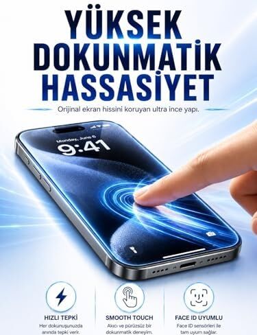 iPhone 15 Pro ile Uyumlu Temperli Cam Ekran Koruyucu, 9h Sertlik, Şeffaf, Parlak Yüzey