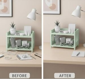 Çok Amaçlı 2 Katlı Organizer Raf – Açık Yeşil Plastik Düzenleyici Stand – Banyo, Mutfak, Masaüstü ve Ofis Için – 25 x 18 cm