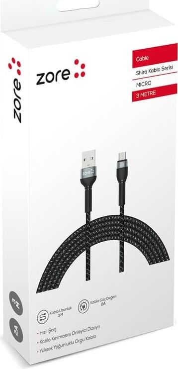 Senon Zore Shira Serisi Micro USB Kablo 3m Siyah