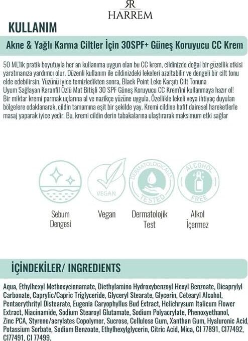 Akneli & Yağlı Karma Ciltler Için 30SPF Güneş Koruyucu cc Krem P.int 50ML