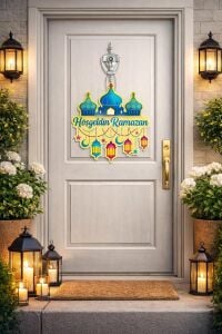 27-27 cm Hoş Geldin Ramazan Dekorlu Ahşap Kapı Süsü, Ramazan Süsleri, Ramazan Tavan Süsü