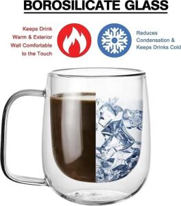 2 Adet Çift Cidarlı Cam Kupa Bardak 250 ml Çift Camlı Bardak Kupa Double Walled Glass