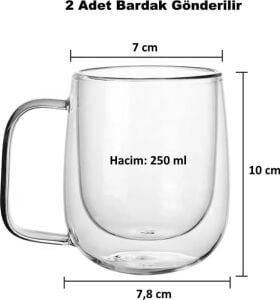 2 Adet Çift Cidarlı Cam Kupa Bardak 250 ml Çift Camlı Bardak Kupa Double Walled Glass