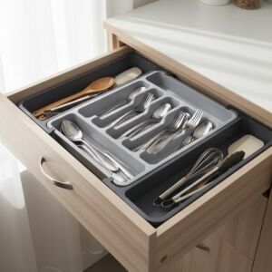Çift Taraflı Açılır Çekmece Içi Kaşıklık ve Organizer - Modüler Sürgülü Mutfak Düzenleyici - Açık Gri ve Antrasit Renk - Kapalı 31 cm Açık 52 cm
