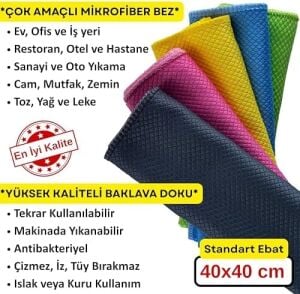 Sihirli Temizlik ve Kurulama Bezi, 5-Adet Karışık Renk Premium Baklava Mikrofiber Bez Seti 40X40 Cm, Iz Tüy Leke Bırakmaz Emici Koku Yapmaz Çabuk Kuruyan Cam Hassas ve Genel Temizlik Bezi