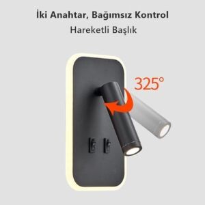 Tuvalu Dekoratif Yatak Başı Lambası CATA13 Watt Gün Işığı Çift Kademeli Baş Ucu Kitap Okuma Lambası LED Aplik Gece Lambası Siyah