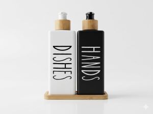 Premium Mat Siyah & Beyaz Mutfak Sabunluk Seti - Bambu Tepsili 2X450ML Bulaşık Deterjanı ve Sıvı Sabun Pompası (Hands & Dishes)