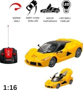 Oyuncak Kapıları ve Bagajı Açılan Uzaktan Kumandalı Full Fonksiyon Şarjlı Drift Arabası Süper Hızlı 1:16 Işıklı Spor Araba (Sarı)