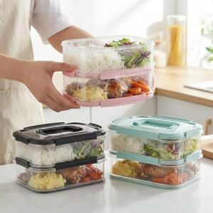 2x1,8 L Çift Katlı Plastik Yemek Taşıma Kutusu 3,6 L Saklama Kabı Sızdırmaz Contalı Şeffaf Kilitli Sefer Tası Beslenme Kabı Lunch Box Erzak Kabı (1 Adet)