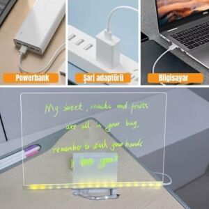 Shopexxtra LED Işıklı Şeffaf Çizim Tableti ve Yazı Tahtası - 30X20 Cm, Ayarlanabilir Standlı Akrilik Not Panosu, USB Güçlü Eğitici Çocuk Boyama Seti, 7 Renkli Kalem ve Temizleme Bezi Hediyeli