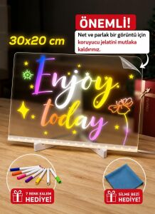 Shopexxtra LED Işıklı Şeffaf Çizim Tableti ve Yazı Tahtası - 30X20 Cm, Ayarlanabilir Standlı Akrilik Not Panosu, USB Güçlü Eğitici Çocuk Boyama Seti, 7 Renkli Kalem ve Temizleme Bezi Hediyeli