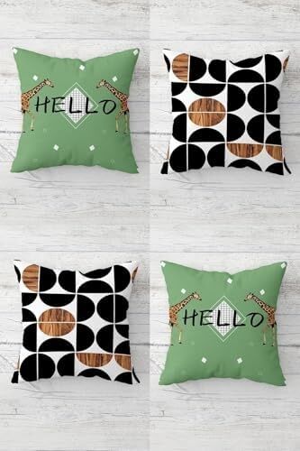 Zürafa ve Daire Desen Hello Yazılı Gizli Fermuarlı Kırlent Kılıfı Koltuk Yastık Kılıfı TAKIM(4ADET), Kahverengi-Yeşil 45 x 45