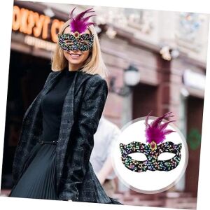 Siyah Kadife Üzeri Rengarenk Payetli Pullu Pembe Tüylü Pembe Taşlı Parti Maskesi 19X21 cm