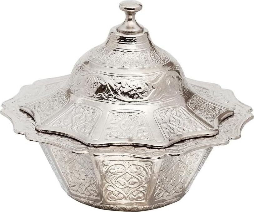 Kapaklı Zamak Şekerlik ve Lokumluk, Osmanlı Motifli Dekoratif Sunum Kabı, Kahve Yanı Şeker, Çikolata ve Şekerleme Için (Gümüş Grisi)