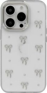 iPhone 16 Uyumlu Kılıf Fiyonk Desenli Şeffaf Simli Gümüş Kamera Çıkıntılı Çok Şık Kapak (IPHONE_16_PRO)