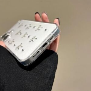 iPhone 16 Uyumlu Kılıf Fiyonk Desenli Şeffaf Simli Gümüş Kamera Çıkıntılı Çok Şık Kapak (IPHONE_16_PRO)