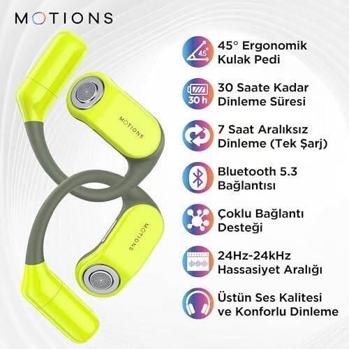 Motıons, MS-E52 Ows, Açık Kulak Tasarımlı Kablosuz Spor Kulaklık, Bluetooth 5.3, 30 Saat Pil Ömrü, Ultra Ince, Hafif, Ergonomik Tasarım, Çift Cihaz Desteği, Wireless, Yeşil