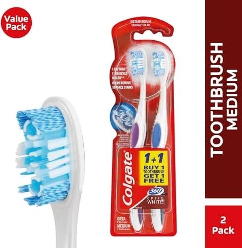 360 Optik Beyaz Dil ve Yanak Temizleyicili Orta Beyazlatıcı Diş Fırçası 1+1