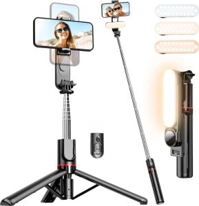 Infomax LED Işıklı Selfie Çubuğu & Tripod – 111 cm Uzatılabilir, 360° Döner Telefon Tutucu, Çıkarılabilir Bluetooth Kumanda, 3 Renk Modu & 9 Parlaklık Seviyesi, Apple ve Android ile Uyumlu