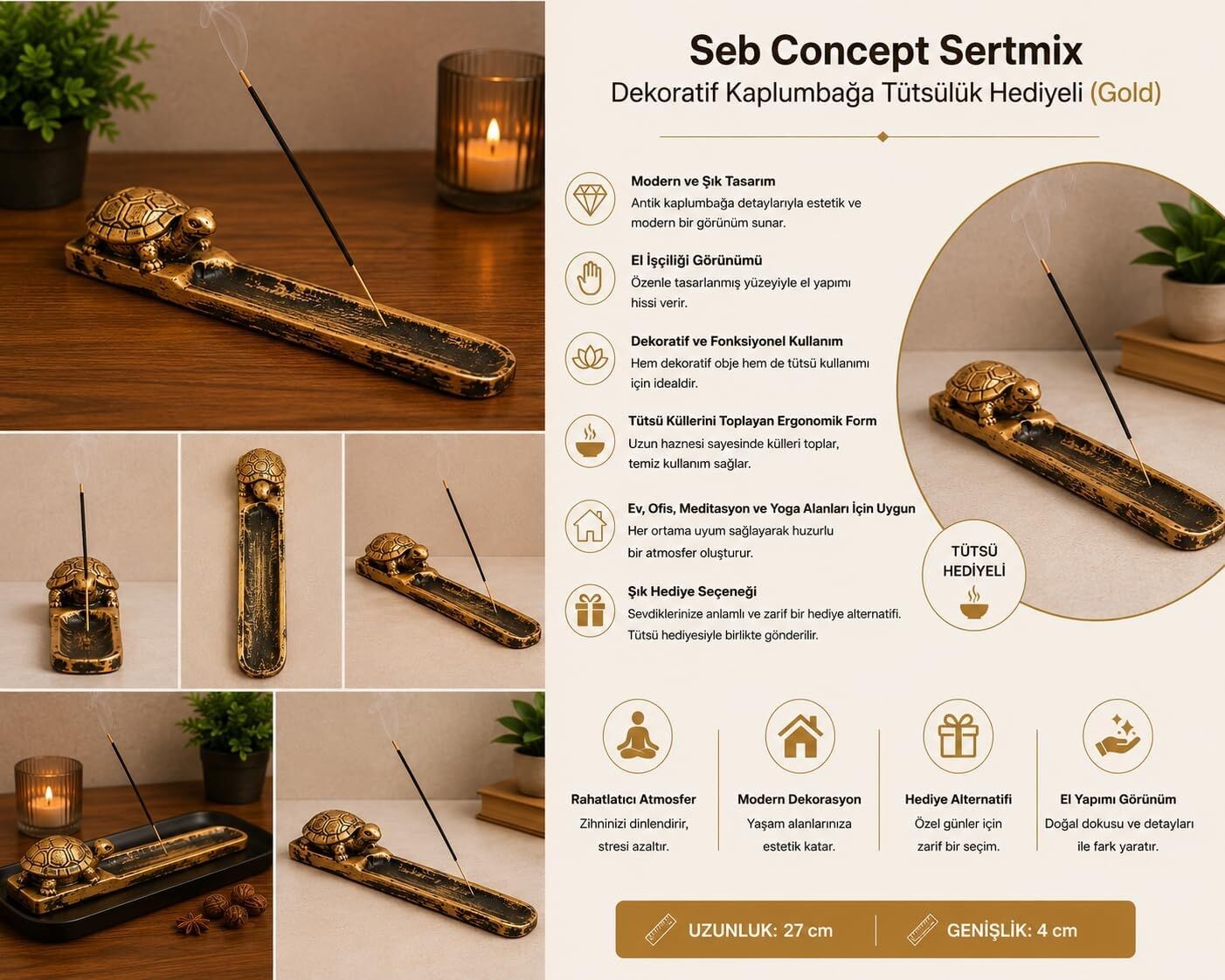 Seb Concept Sertmix Dekoratif Kablumbağa Tütsülük Hediyeli (Gold)