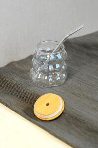Bambu Kapaklı Üzüm Taneii Cam Pipetli 350 ml Borosilikat Bardak