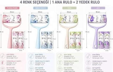 Tüy Toplama Rulosu Seti – 1 Ana Rulo + 2 Yedek Rulo, Güçlü Yapışkanlı Temizlik Rulosu, Kıyafet Koltuk Halı Temizleme (Yeşil)