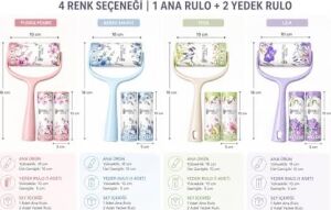 Tüy Toplama Rulosu Seti – 1 Ana Rulo + 2 Yedek Rulo, Güçlü Yapışkanlı Temizlik Rulosu, Kıyafet Koltuk Halı Temizleme (Yeşil)