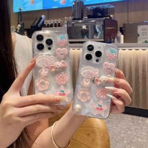 3D Şeker ve Meyve Figürlü Şeffaf Simli iPhone 15 Pro Uyumlu Kılıf – Kamera Korumalı, Darbe Emici Silikon