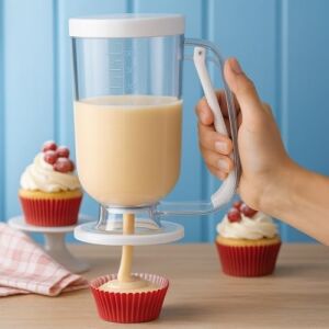 Beyaz Hamur Porsiyonlayıcı – Kek, Krep, Muffin ve Pancake Hamuru Dağıtıcı, Ölçekli Karıştırma Kabı 900 ml