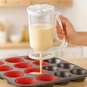 Beyaz Hamur Porsiyonlayıcı – Kek, Krep, Muffin ve Pancake Hamuru Dağıtıcı, Ölçekli Karıştırma Kabı 900 ml