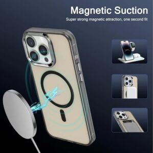 iPhone 15 Magsafe Uyumlu Şeffaf Sert Telefon Kılıfı Manyetik Hizalama Ince Hafif Darbe Dayanıklı Kamera Korumalı Koruma Kapak Siyah