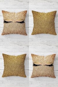 Uzun Kirpikli ve Altın Payetli Gizli Fermuarlı Kırlent Kılıfı Koltuk Yastık Kılıfı TAKIM(4ADET), Gold 45 x 45
