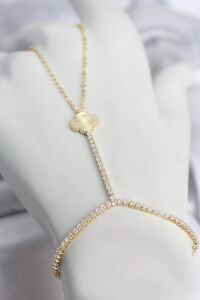 Gold Renk Pirinç Lazerli Yonca Model Zirkon Taşlı Şahmeran