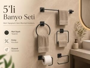5’li Siyah Banyo Seti, Yapışkanlı ve Vidalı Montajlı, Uzun Havluluk, Halka Havluluk, Kare Havluluk, Solo Havlu Rulo Askısı ve Tuvalet Kağıdı Askısı
