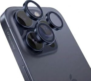 iPhone 15 Pro / 15 Pro Max ile Uyumlu Safir Kamera Lens Koruyucu - Alüminyum Çerçeveli, Hizalama Aparatlı, Su Geçirmez Glue Layer,%95+ Kristal Netlikte 9h Safir Cam - Mavi Titanyum