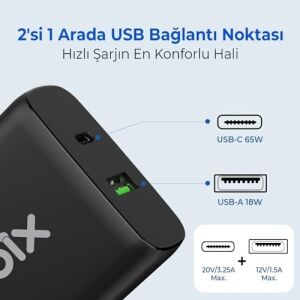 BX2P65G Gan Pd 65W Type-C ve Usb-A Qc 18W Çift Portlu Akım Korumalı Hızlı Şarj Cihazı Siyah