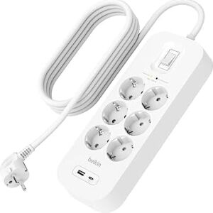Belkin 6'lı Çoklu Priz, Yüksek Gerilim Korumalı, Duvara Montaj, 6 Priz, 2 M Güç Kablosu, Yeşil Işıklı Gösterge, Hızlı Şarj Için Usb-C ve Usb-A Bağlantısı; 650 Jul Koruma