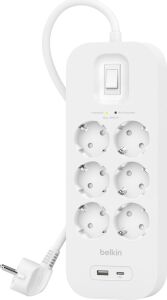 Belkin 6'lı Çoklu Priz, Yüksek Gerilim Korumalı, Duvara Montaj, 6 Priz, 2 M Güç Kablosu, Yeşil Işıklı Gösterge, Hızlı Şarj Için Usb-C ve Usb-A Bağlantısı; 650 Jul Koruma
