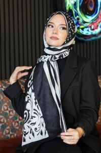 Barok Desen Siyah - Beyaz Soft Pamuk Şal Siyah