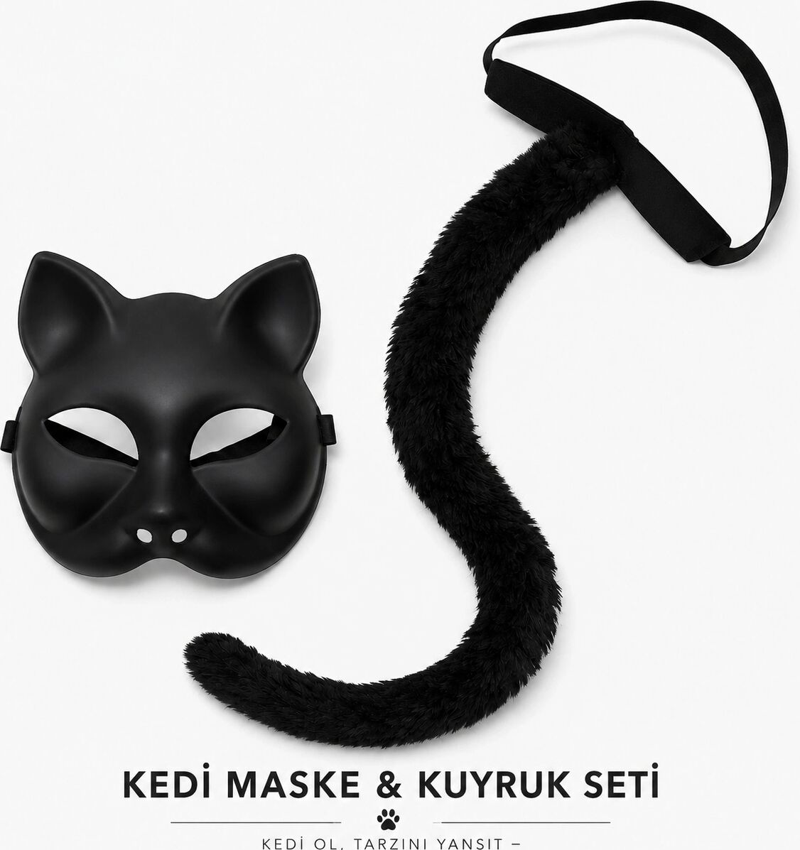 Siyah Kedi Maskesi ve Peluş Kuyruk Kostüm Seti 70 cm