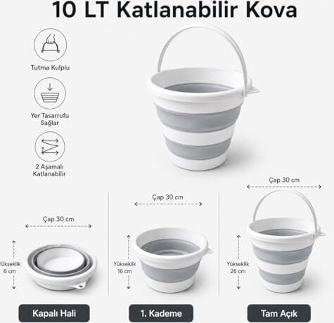 Katlanabilir Kova 10 Lt, 2 Aşamalı Silikon Katlanır Kova, Tutma Kulplu Yer Tasarruflu Çok Amaçlı Temizlik Kovası, Kamp Banyo Araç Yıkama Balkon Kullanımı, Gri Beyaz