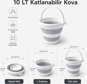 Katlanabilir Kova 10 Lt, 2 Aşamalı Silikon Katlanır Kova, Tutma Kulplu Yer Tasarruflu Çok Amaçlı Temizlik Kovası, Kamp Banyo Araç Yıkama Balkon Kullanımı, Gri Beyaz