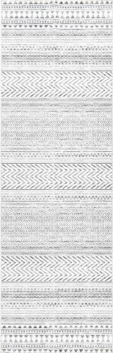 Kira Makinede Yıkanabilir Tribal Geometrik Yolluk Halı, 2' 6'' x 12', Gri