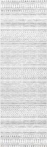 Kira Makinede Yıkanabilir Tribal Geometrik Yolluk Halı, 2' 6'' x 12', Gri