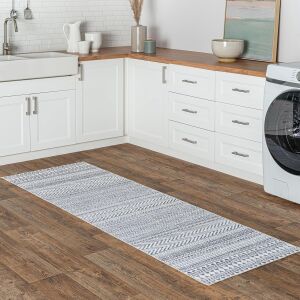 Kira Makinede Yıkanabilir Tribal Geometrik Yolluk Halı, 2' 6'' x 12', Gri